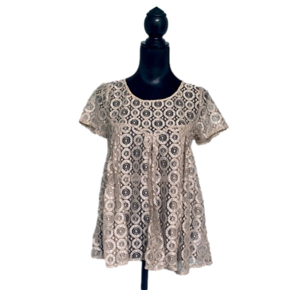 ANTHROPOLOGIE Akemi +Kin Babydoll Metallic Lace Geometric Sheer Blouse - Picture 1 of 5